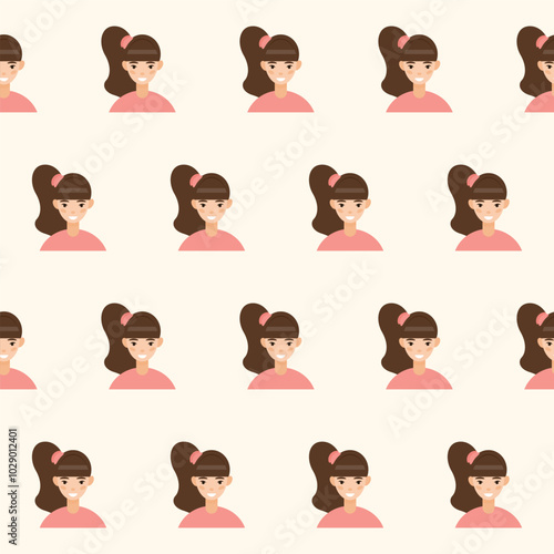 Happy Girl Kid Character Avatar Seamless Pattern Background. Positive Smiling Funny  Face Portrait. Happy Birthday Party Wallpaper or Wrapping Paper Print.  Joyful Cheerful Child Portrait Fabric Texti