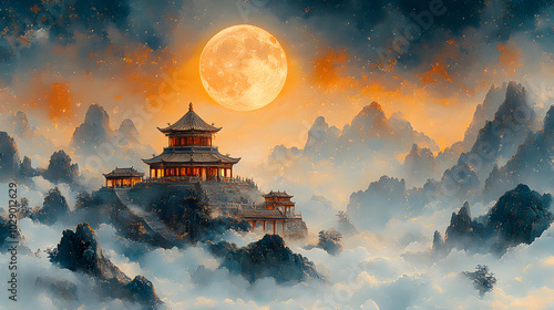 A Golden Chinese-Style Pavilion Sitting Atop a Mountain, Surrounded by Clouds and Mist, Radiating Elegance and Tranquility. 