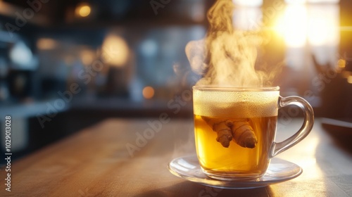 Steaming Cup of Turmeric Tea with Slices of Ginger
