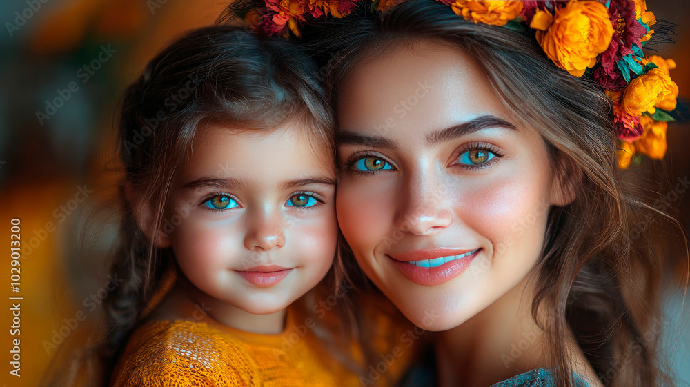 Obraz premium Portrait mum and daughter with Catrina make up look at camera, on yellow background.