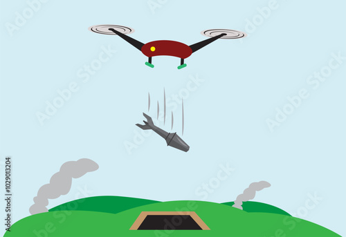 Drone carries a bomb and drops on a trench hole.