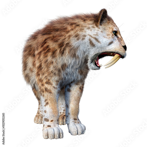 Slika na platnu 3D Rendering Saber Toothed Tiger on White