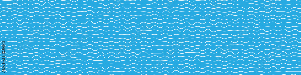 Squiggly white lines on blue bg as a seamless pattern imitated sea. Horizontal curvy stripes or groovy waves. Simple vector illustration Squiggly white lines on blue bg as a seamless pattern imitated sea. Horizontal curvy stripes or groovy waves. Simple vector illustration