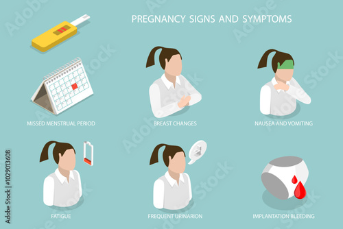 3D Isometric Flat Vector Illustration of Pregnancy Signs And Symptoms, Morning Sickness, Nausea, Feling Bloated, etc