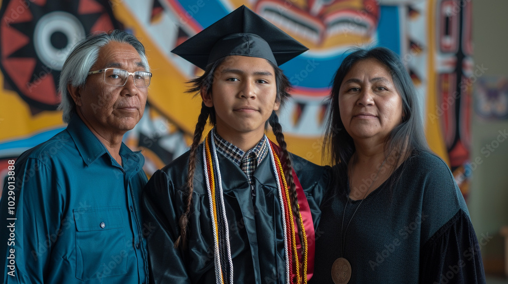 Fototapeta premium A Native American student in a cap and gown posing with their parents, standing in front of a graduation backdrop.