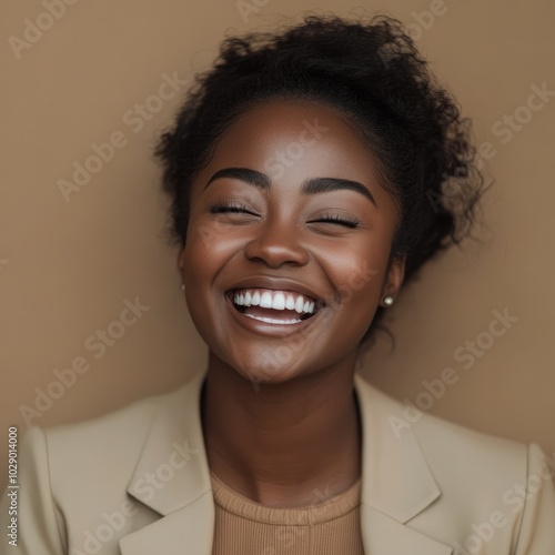 Close-Up Portrait of a Young Black Woman Laughing in Neutral Outfit photo