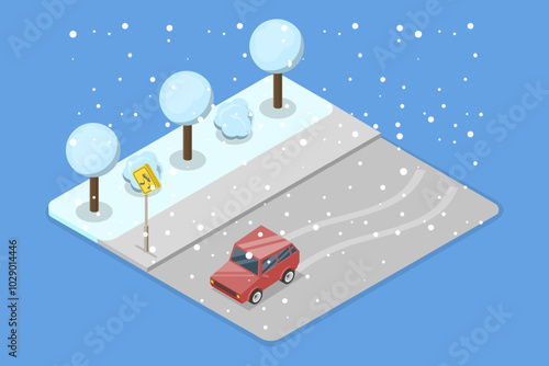 3D Isometric Flat Vector Illustration of Driving At Winter Season, Ensuring Safety On Icy Roads