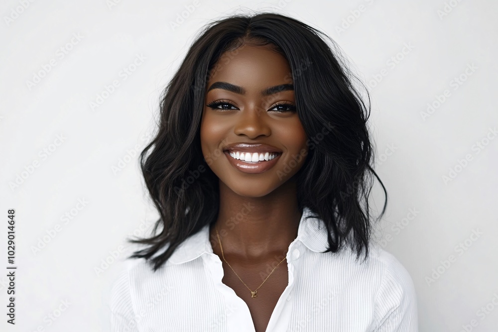 Portrait of Beautiful Young Woman Smiling and Looking at Camera Against White Background Portrait of Beautiful Young Woman Smiling and Looking at Camera Against White Background