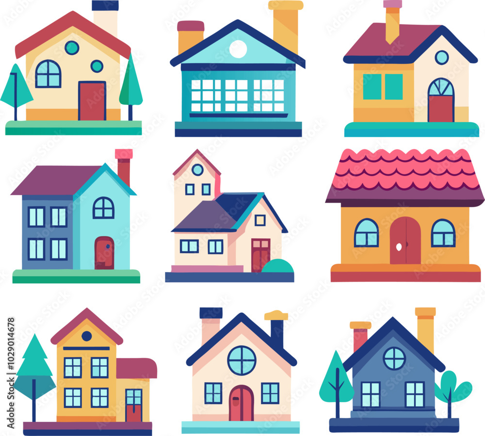 Conjunto de nueve casas coloridas en estilo de dibujo animado. Cada casa tiene un diseño único con diferentes formas de techos, ventanas y chimeneas. Los colores vivos incluyen tonos de azul, rojo, am Conjunto de nueve casas coloridas en estilo de dibujo animado. Cada casa tiene un diseño único con diferentes formas de techos, ventanas y chimeneas. Los colores vivos incluyen tonos de azul, rojo, am