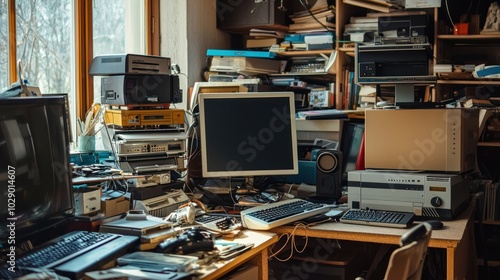 A cluttered workspace with a pile of computer equipment waiting to be sorted.