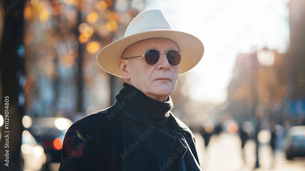 A person with albinism walking under the sun, wearing protective sunglasses and a hat A person with albinism walking under the sun, wearing protective sunglasses and a hat