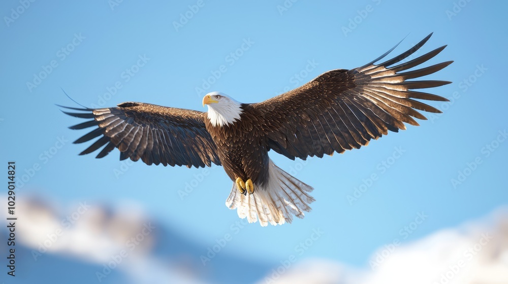 Naklejka premium Majestic Eagle Soaring Through Winter Sky with Snowy Mountains in Background, Cinematic Light