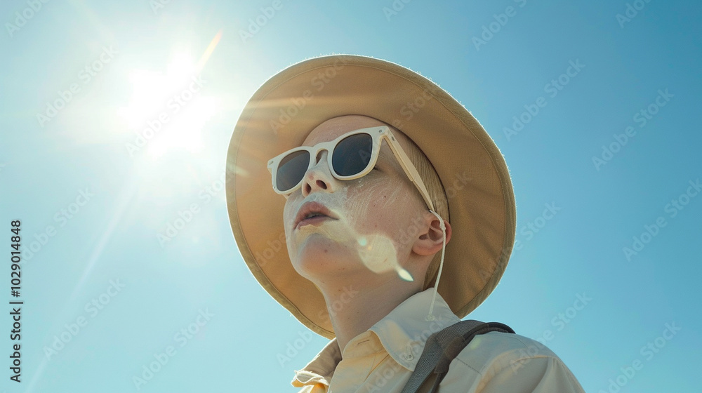 A person with albinism walking under the sun, wearing protective sunglasses and a hat A person with albinism walking under the sun, wearing protective sunglasses and a hat