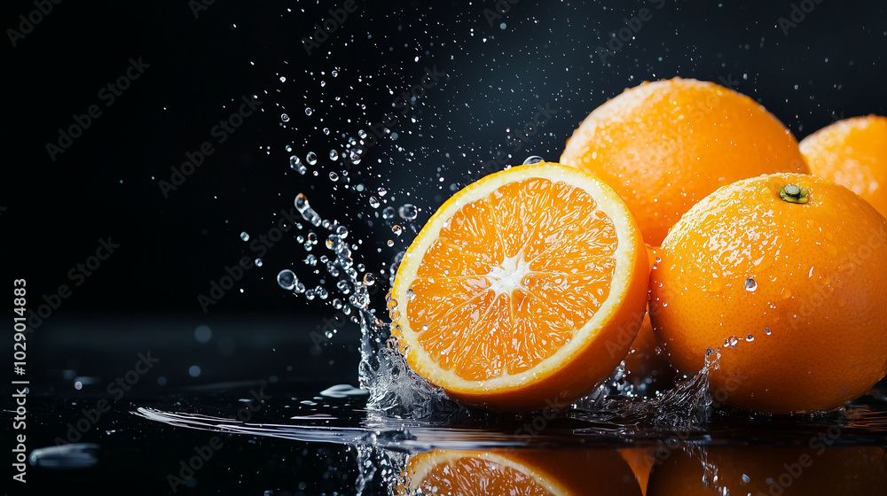 A set of fresh, vibrant oranges splashing dramatically on a black background with glowing illumination. photo A set of fresh, vibrant oranges splashing dramatically on a black background with glowing illumination. photo