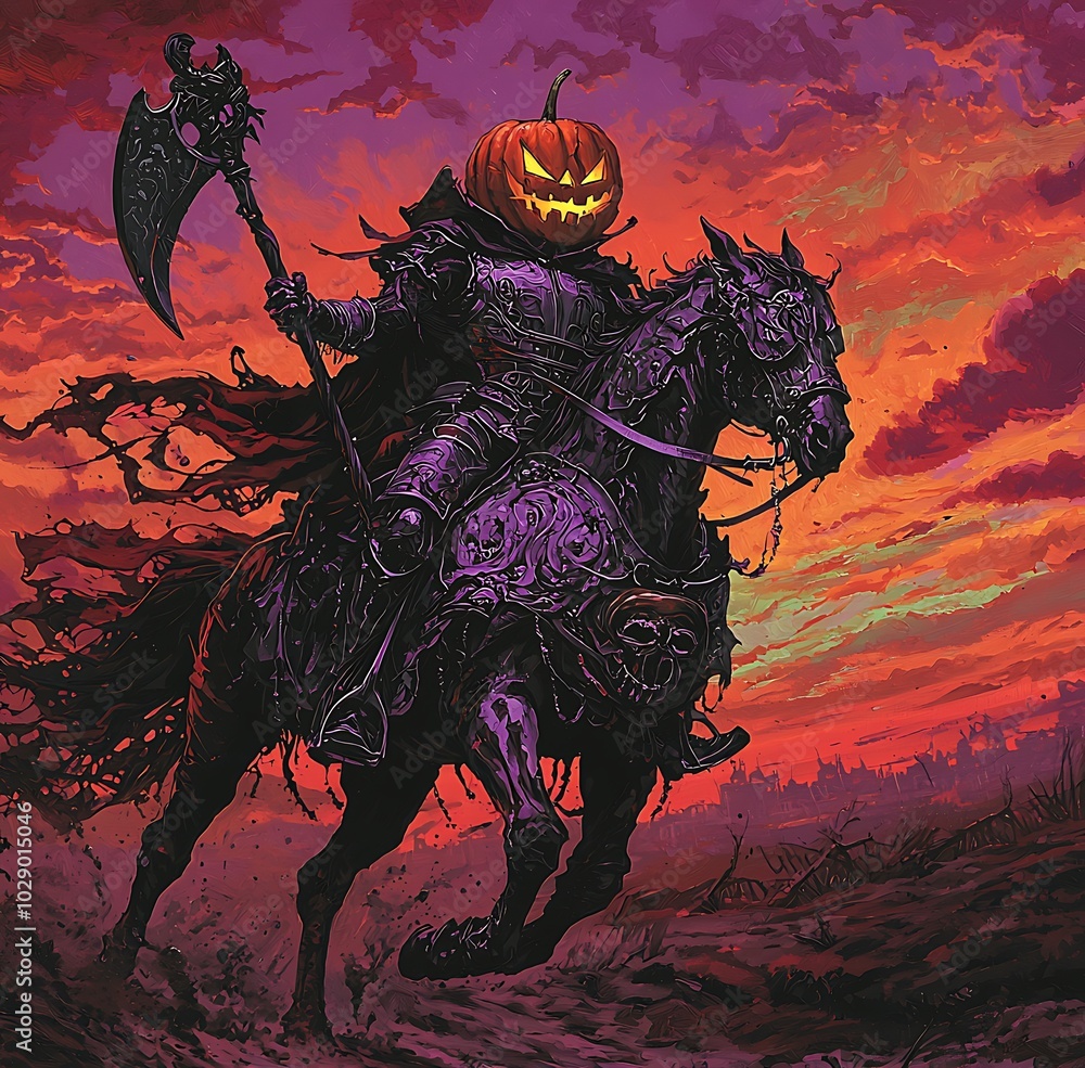 A black knight with a pumpkin shaped head riding a horse A black knight with a pumpkin shaped head riding a horse