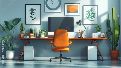 Efficient Workspace: A well-organized and tidy office setup with modern furniture and equipment, suitable for themes related to productivity, efficiency, and professionalism. High resolution photo