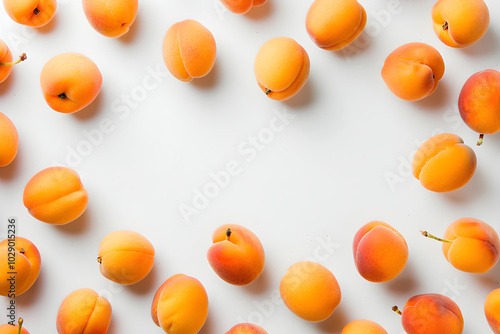 Ripe apricots on a white background. Banner frame template of fresh autumn harvest, for backdrops, wallpapers.