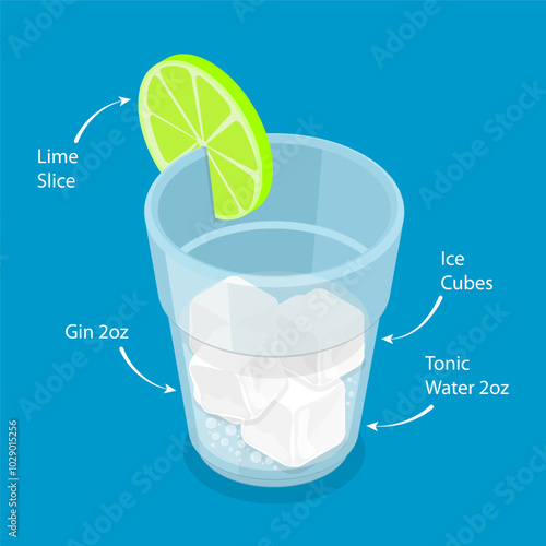 3D Isometric Flat Vector Illustration of Tonic Cocktail Recipe, Ingredient Proportions