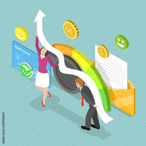 3D Isometric Flat Vector Illustration of Credit Score, Gauge Indicator With Color Levels