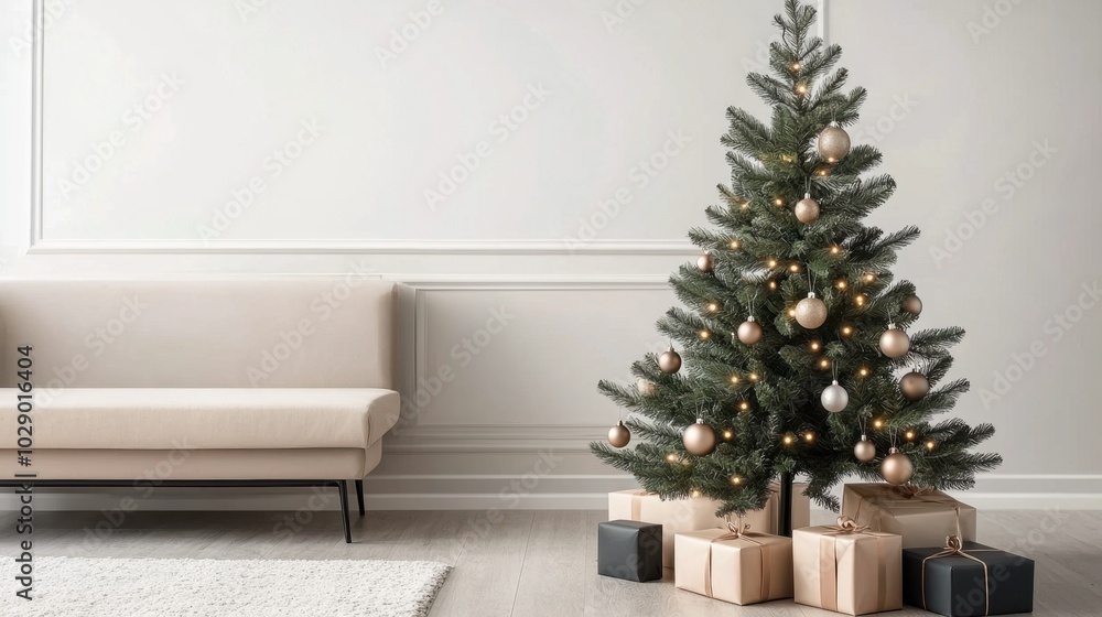 Minimalist Christmas tree with lights and gifts in a modern living room Minimalist Christmas tree with lights and gifts in a modern living room