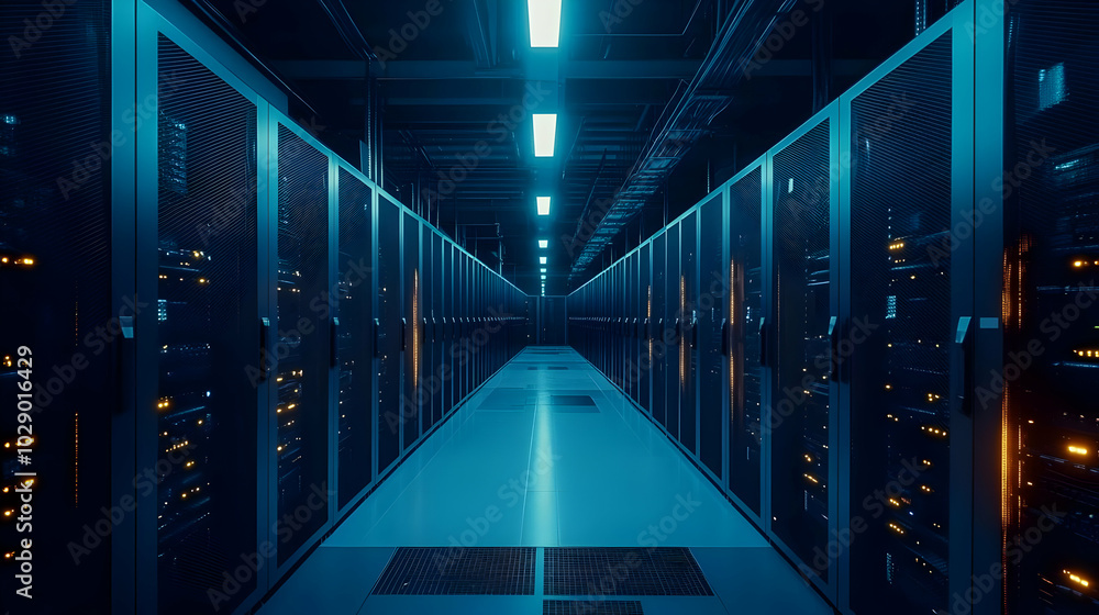 Modern Dark Data Center with Rows of Equipment Modern Dark Data Center with Rows of Equipment