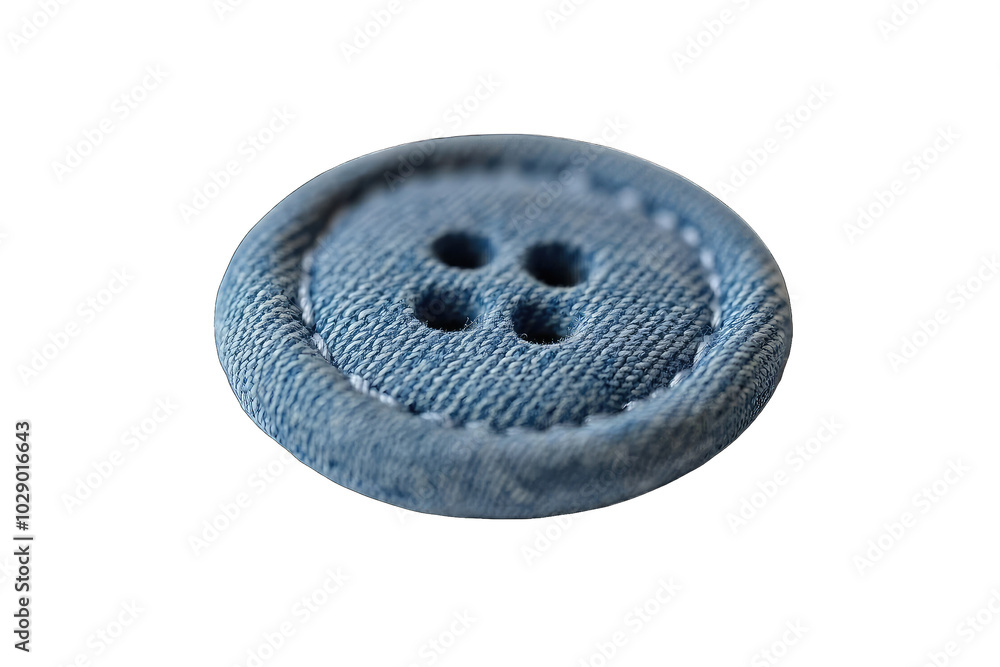 Close-up of a blue denim button showcasing detailed texture and four holes, perfect for fashion and sewing projects. Close-up of a blue denim button showcasing detailed texture and four holes, perfect for fashion and sewing projects.