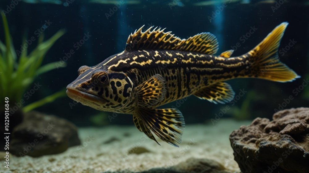 A large, yellow and black striped fish with a prominent head swims in a fish tank. A large, yellow and black striped fish with a prominent head swims in a fish tank.