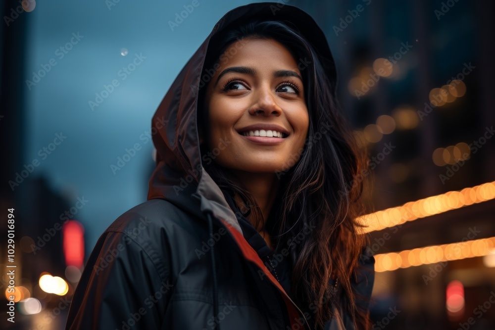 Portrait of a joyful indian woman in her 30s wearing a functional windbreaker in front of background of bright city lights Portrait of a joyful indian woman in her 30s wearing a functional windbreaker in front of background of bright city lights