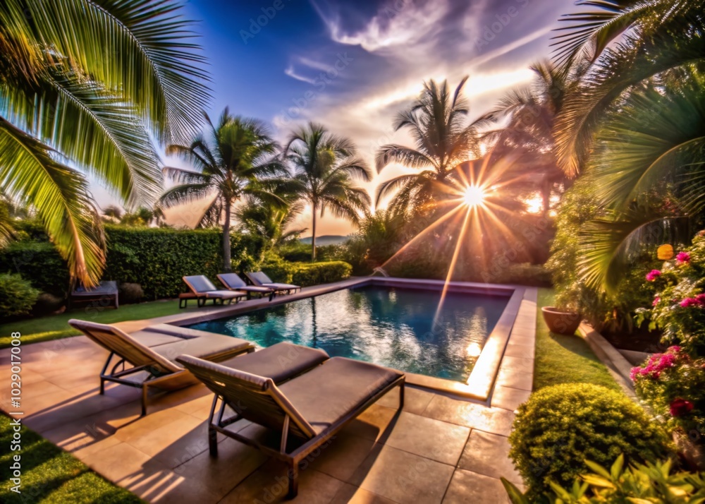 Fototapeta premium Luxury Poolside Retreat with Palm Trees and Loungers on a Sunny Day