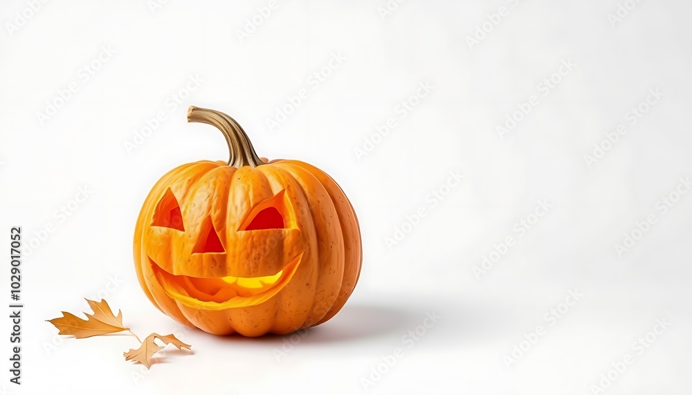 A carved jack-o'-lantern pumpkin with a lit candle inside, sitting on a white background with two fall leaves. A carved jack-o'-lantern pumpkin with a lit candle inside, sitting on a white background with two fall leaves.
