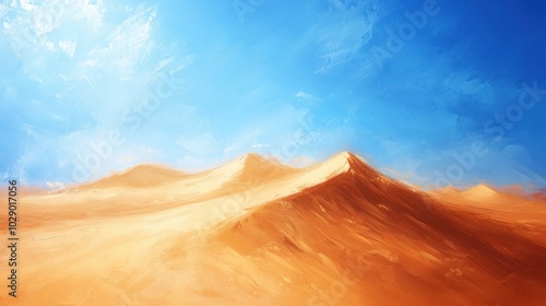 A vibrant painting of sand dunes under a bright blue sky.