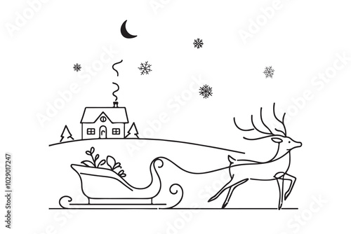 One continuous line drawing Santa Claus on reindeer and sled. concept for Christmas and New Year. vector illustration.