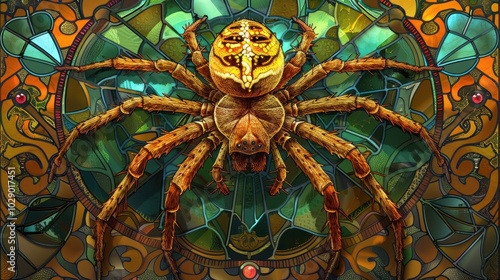 Intricate Stained Glass Spider Art with Vibrant Colors and Detailed Patterns in a Circular Design photo