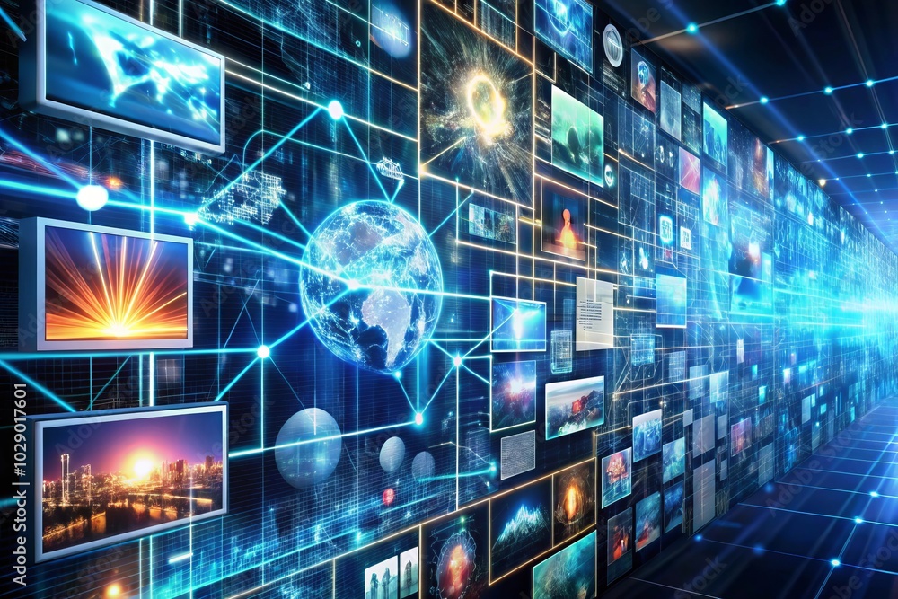 Obraz premium Digital data technology background with blue light Digital cyber space High speed internet digital data transfer future technology