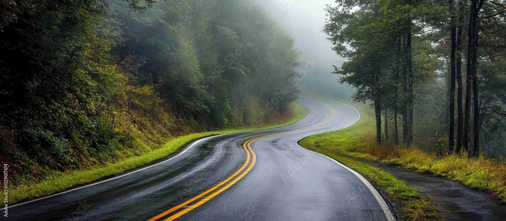 Fototapeta premium Winding Road Through Misty Forest