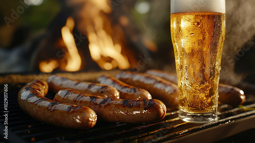 Grilled sausages and a cold beer served together photo