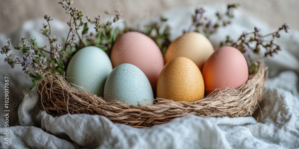Delicately colored easter eggs in pastel hues rest in a rustic straw nest, surrounded by budding spring flowers on a soft, textured fabric backdrop, symbolizing renewal and celebration. Delicately colored easter eggs in pastel hues rest in a rustic straw nest, surrounded by budding spring flowers on a soft, textured fabric backdrop, symbolizing renewal and celebration.