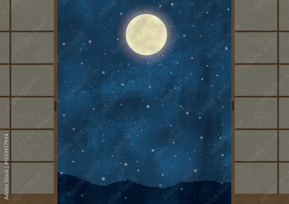 Naklejka premium 満月の雪の夜の風景と障子水彩画