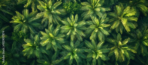 Aerial view of a lush, green palm tree forest, the leaves are arranged in a symmetrical pattern.