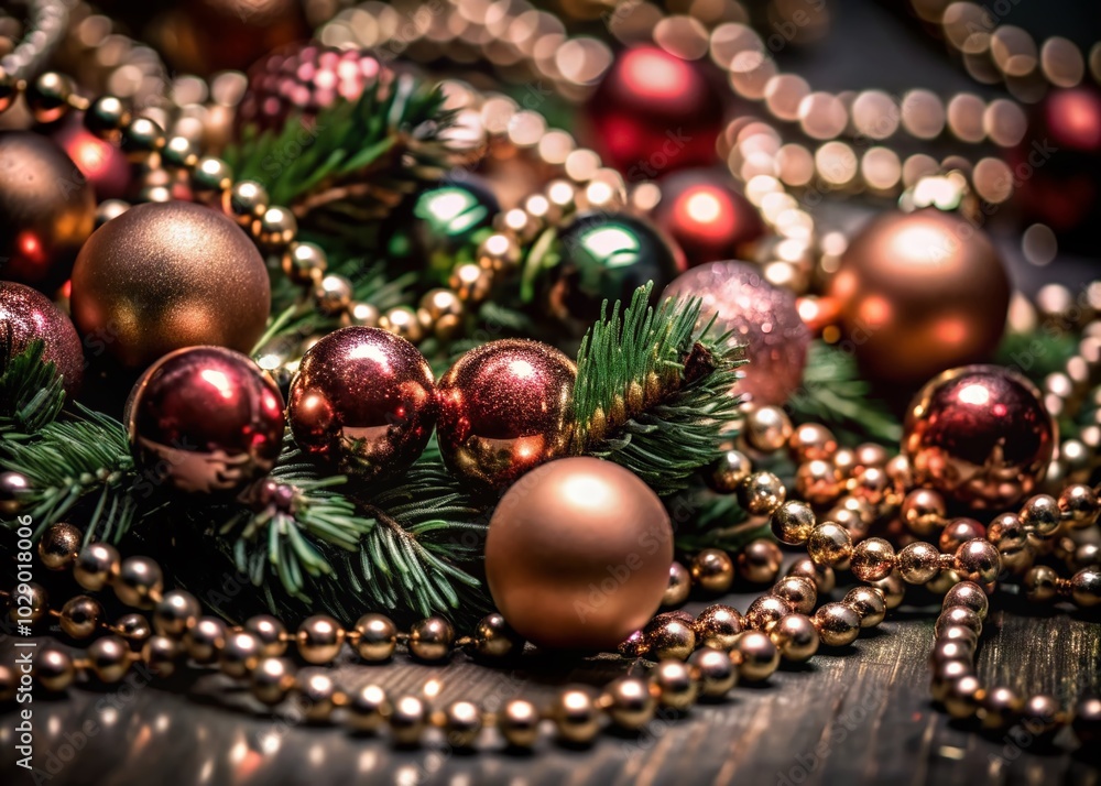 Macro Christmas Background with Garland and Vector Elements for Stunning Holiday Decor Macro Christmas Background with Garland and Vector Elements for Stunning Holiday Decor