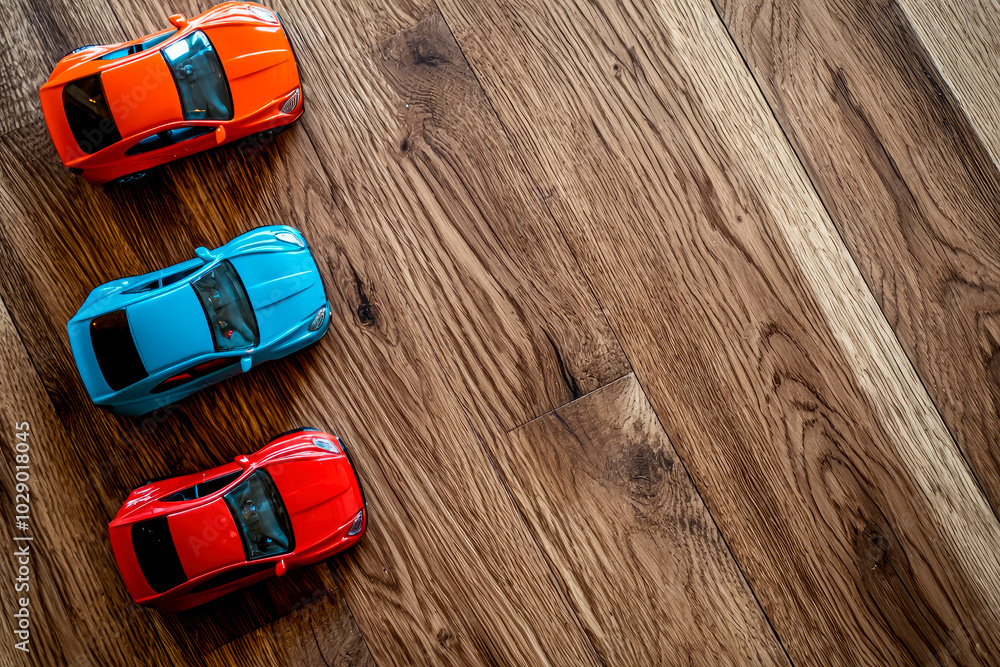 Obraz premium colorful toy cars on wooden background. Top view. Copy space