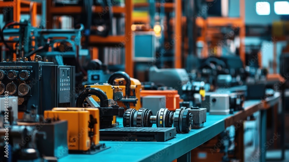 A variety of industrial electrical tools and machinery displayed in a factory setting. A variety of industrial electrical tools and machinery displayed in a factory setting.