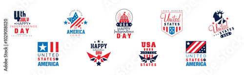 Happy Independence Memorial Day Logo and Label Design Vector Set