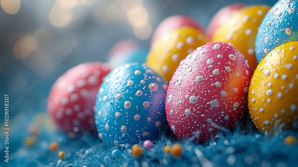 A vibrant assortment of Easter eggs covered in morning dew, nestled in green grass, perfect for festive celebrations A vibrant assortment of Easter eggs covered in morning dew, nestled in green grass, perfect for festive celebrations