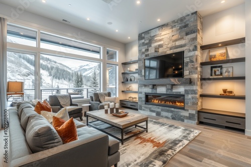Welcoming modern living room with fireplace, accent wall, built-in shelf, stone feature wall for TV, natural wood flooring, and warm lighting in Park City, Utah.