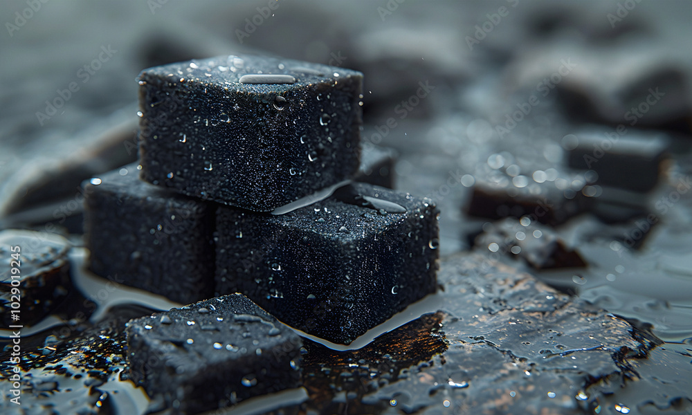 A Hyper-Realistic Image Featuring Black Foam Cubes Set Against a Dark Background A Hyper-Realistic Image Featuring Black Foam Cubes Set Against a Dark Background