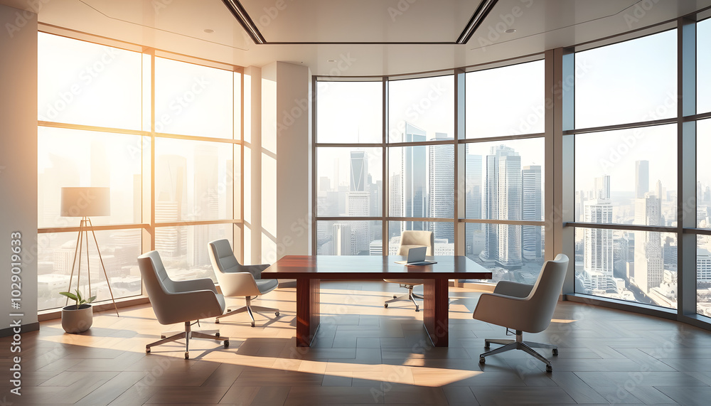 Fototapeta premium Modern executive office interior with a wood desk, armchairs, and large windows with a cityscape view, concept of luxury workplace. 3D Rendering isolated with white highlights, png