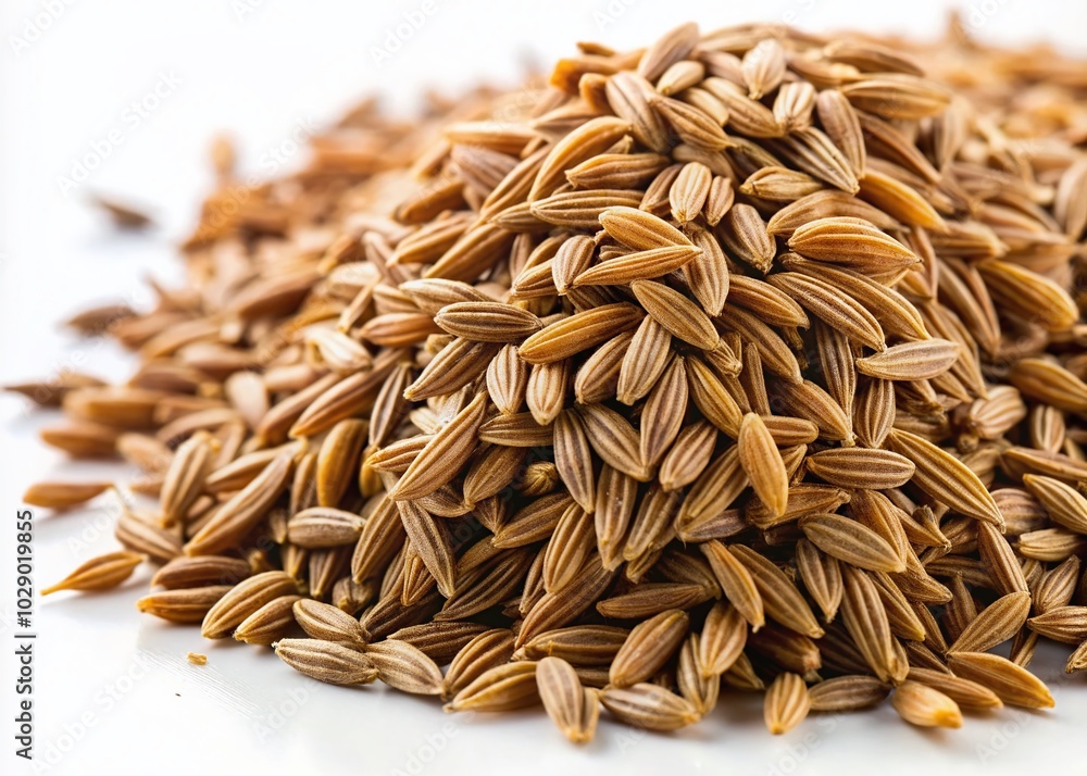 Obraz premium Macro Photography of Cumin Seeds on White Background - Spices and Herbs Close-Up