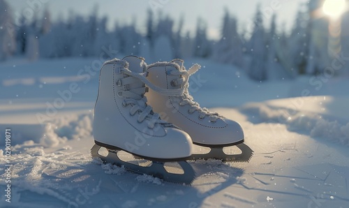 Pair of ice skates on the snow, 4K hyperrealistic photo photo