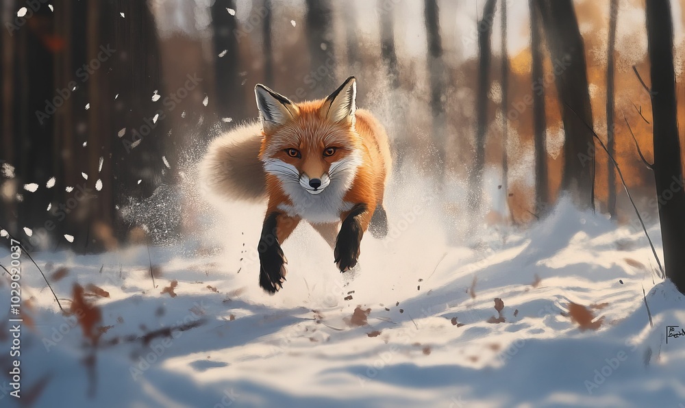 Fototapeta premium Red fox running through snowy forest.